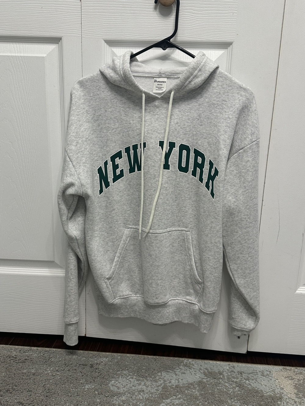 No Boundaries Light Gray Hoodie with Dark Green 'NEW YORK' Print